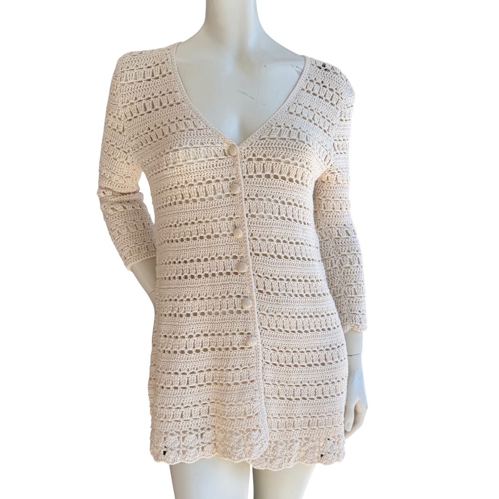 Vintage‎ 80's Crochet Cardigan Dress Cream Handmade Duster Boho Festival Sz S/M